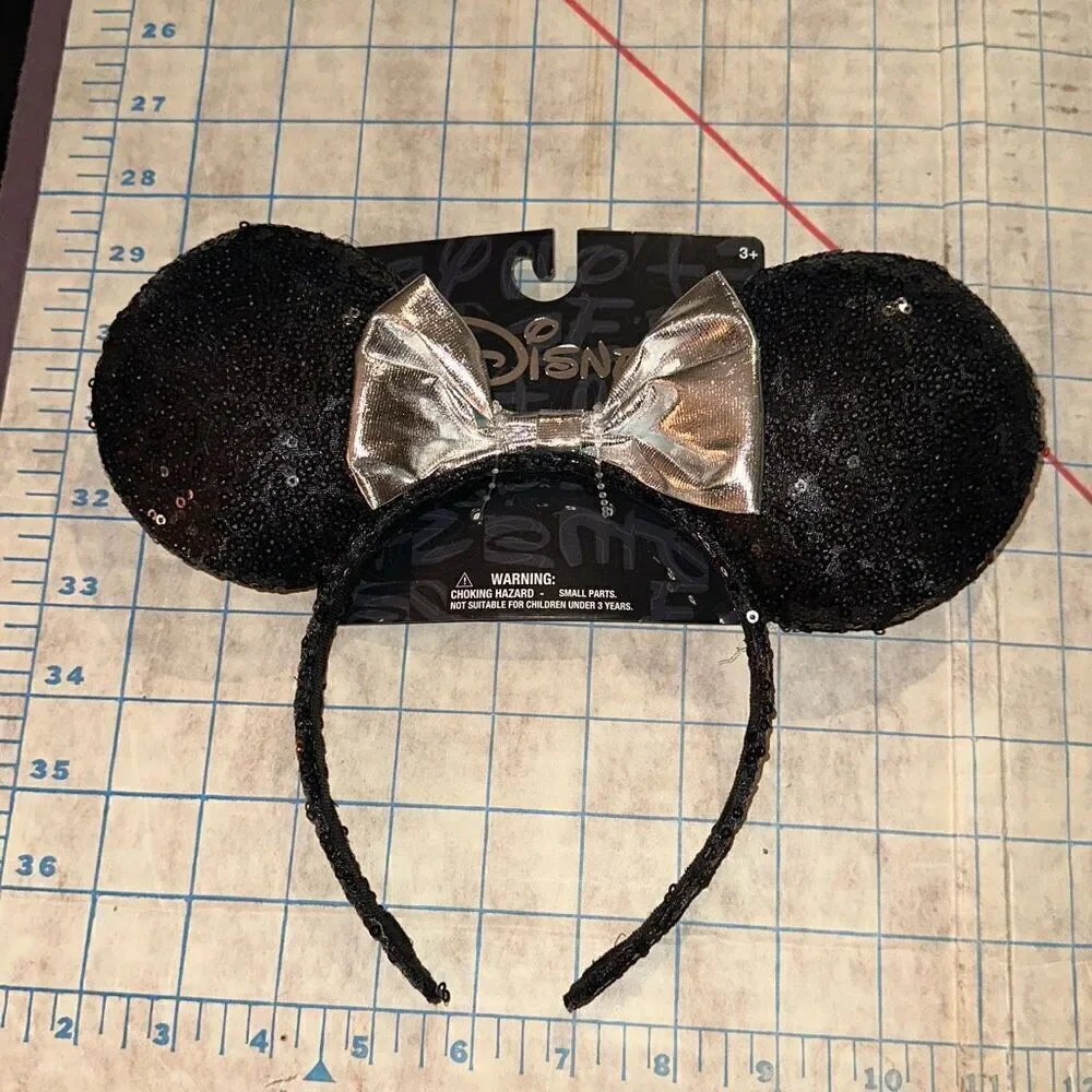 *NEW* Disney Minnie Mouse Ears Headband Black Sequined Silver Metallic Bow